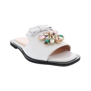 Ventutto White Crystal Embellished Bow Flat Leather Slide